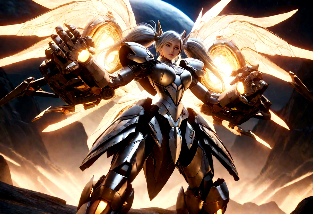 a giant mecha, female form, heavy battered armor, carrying a melee weapon, twintails, white with a random off color trim, powered by hope and love, posing on the moon, cinematic lighting, dramatic angles, highly detailed, 8k, hyper realistic, volumetric fog, glowing energy effects, stunning, awe-inspiring, intricate mechanical design, seamless integration of organic and mechanical elements, gleaming metallic surfaces, dynamic pose, moonlit background, sense of scale and grandeur, digital art, 3d render, unreal engine, cinematic composition, award winning cg artwork