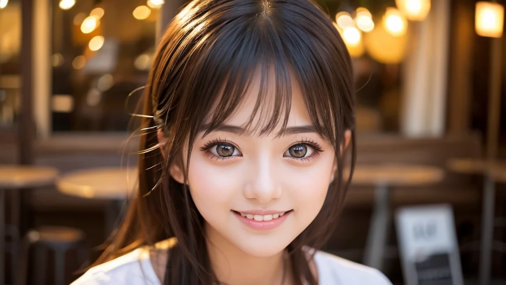 Cute girl working at a cafe terrace　Japanese　１９age　
Professional Lighting　Digital SLR　Beautiful and elaborate face　Perfect and beautiful face　Big eyes Smile