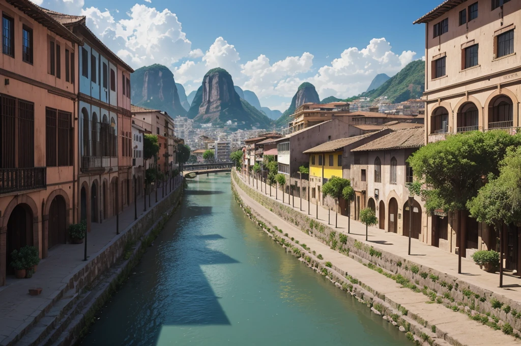 The city is crossed by a wide and winding river, the Rio Sombra, which divides the city into two parts: the historic side, with its colonial buildings and cobblestone streets, and the modern side, with skyscrapers, shopping centers and neighborhoods. contemporary residential. (up view, digital art, RPG art)