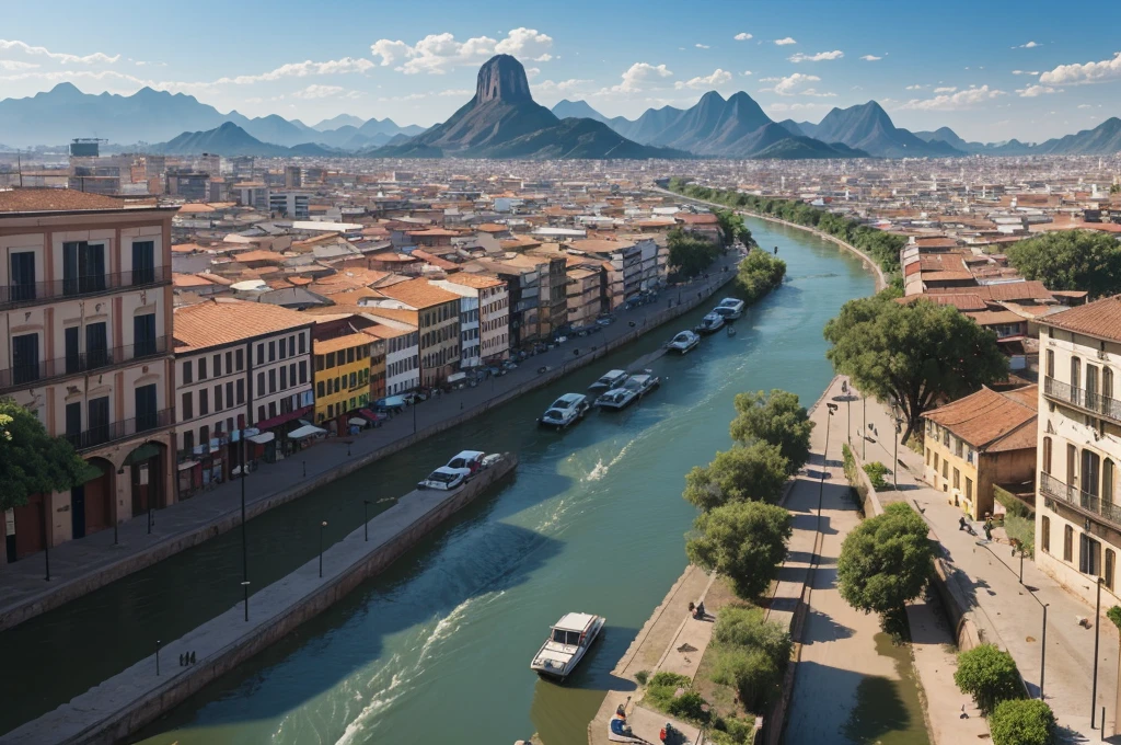 The city is crossed by a wide and winding river, the Rio Sombra, which divides the city into two parts: the historic side, with its colonial buildings and cobblestone streets, and the modern side, with skyscrapers, shopping centers and neighborhoods. contemporary residential. (up view, digital art, RPG art)