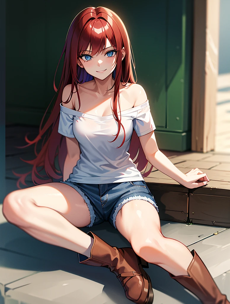 18 year old young girl, long haired redhead with blue eyes, Short white off-the-shoulder shirt, bright blue short jean shorts, serious look, sitting, SMILE, smiling, short brown boots with white
