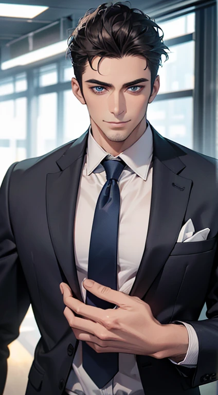 (best quality,4k,8k,highres,masterpiece:1.2),ultra-detailed,(realistic,photorealistic,photo-realistic:1.37),1 man,31 years old,mature man,very handsome,without expression,smile,short grey black hair,blue eyes,penetrating gaze,perfect face without errors,imposing posture,businessman,office background,cinematic lighting,hdr image
