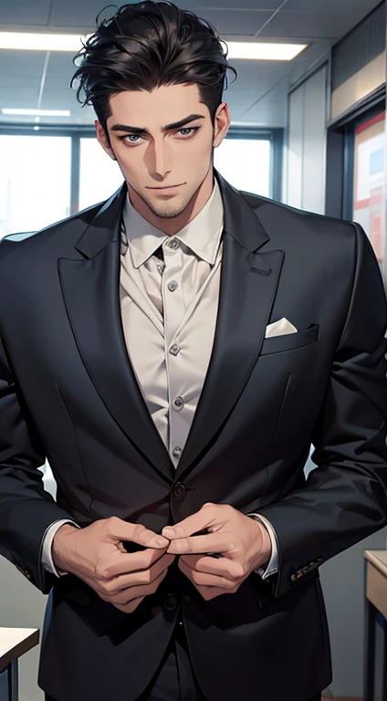 (best quality,4k,8k,highres,masterpiece:1.2),ultra-detailed,(realistic,photorealistic,photo-realistic:1.37),1 man,31 years old,mature man,very handsome,without expression,smile,short grey black hair,blue eyes,penetrating gaze,perfect face without errors,imposing posture,businessman,office background,cinematic lighting,hdr image