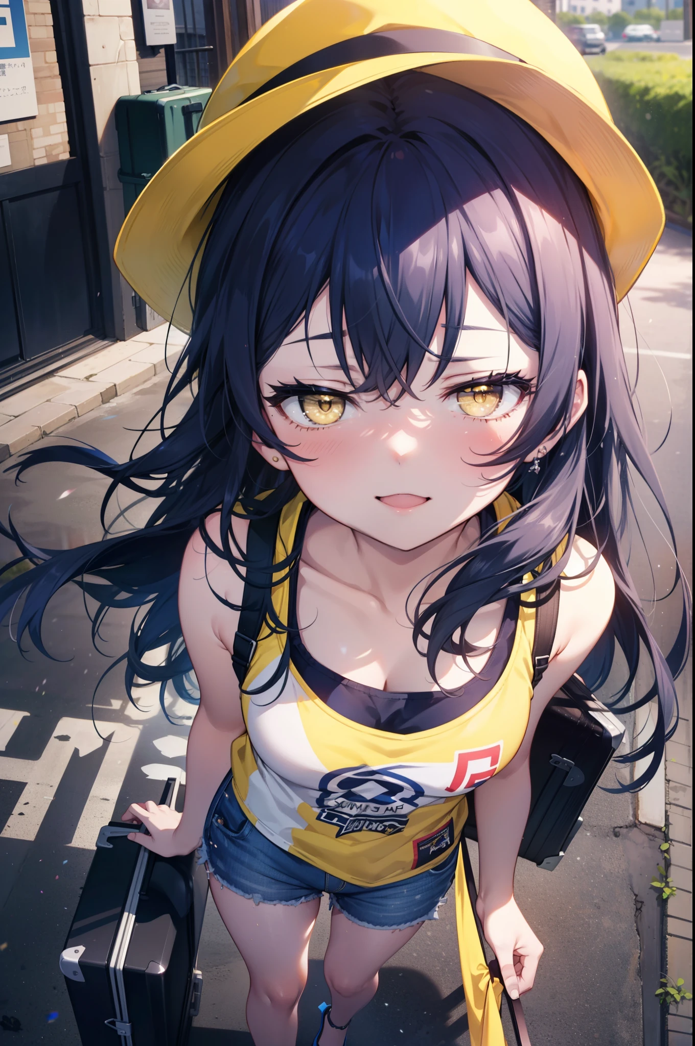 Umi Sonoda, Long Hair, Blue Hair, (Yellow Eyes:1.5) (Flat Chest:1.2),happy smile, smile, Open your mouth,Baseball hats,Sleeveless blue hoodie,Open front,White Tank Top,Shorts,Sandals,Push-type suitcase,Walking,Daytime,Clear skies,True Summer,whole bodyがイラストに入るように,
break looking at viewer,whole body,
break indoors, countryside,In town,
break (masterpiece:1.2), Highest quality, High resolution, unity 8k wallpaper, (figure:0.8), (Beautiful attention to detail:1.6), Highly detailed face, Perfect lighting, Highly detailed CG, (Perfect hands, Perfect Anatomy),