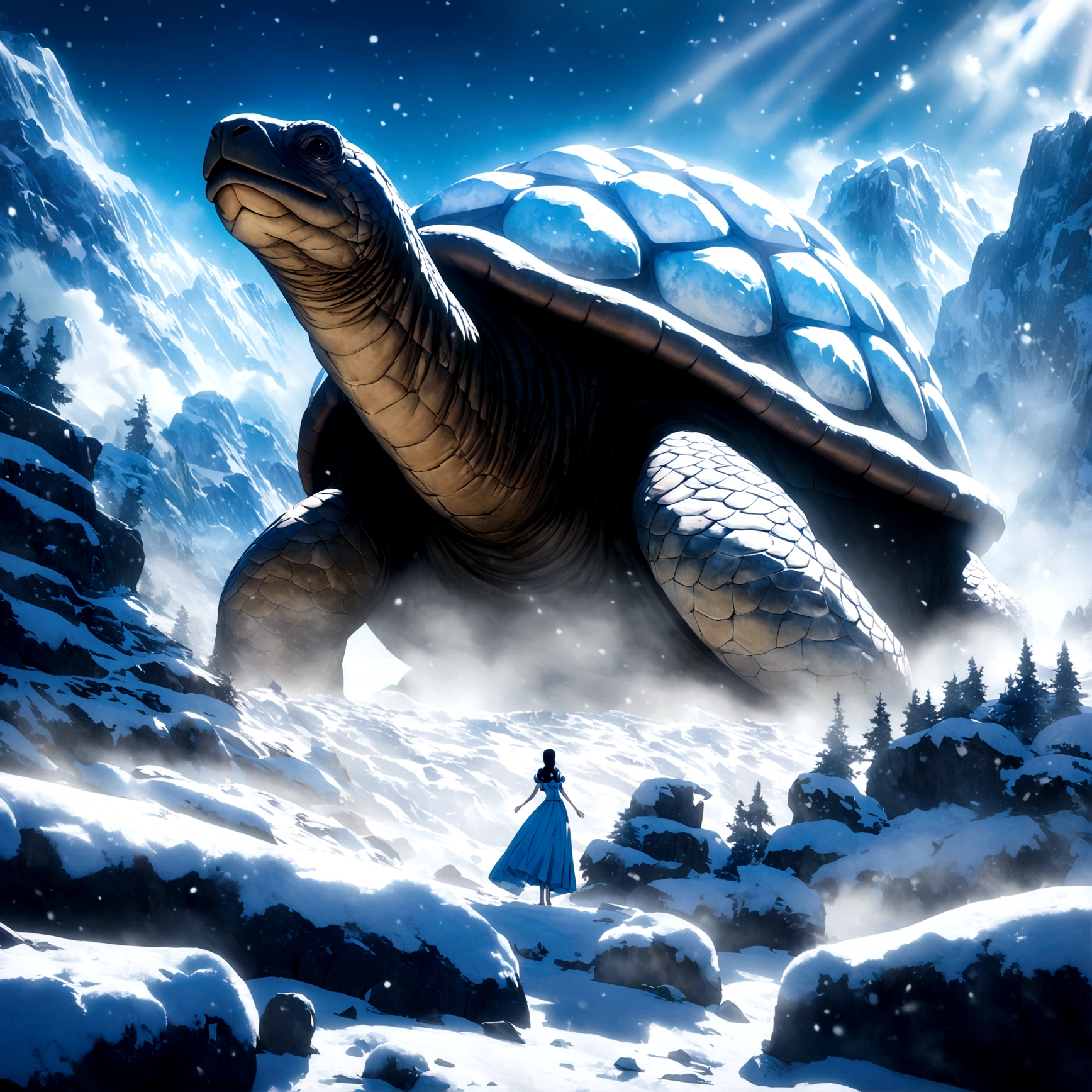 Giant tortoise, ice blue scales, snow white shell, blizzard scenery, "One Piece-inspired anime features, drenched in dramatic and stunning lighting, dramatic lighting, infused with creative details, ultra-fine 2D design, scenery bathed in creativity, bathed in creativity, boasting HD anime resolution clarity, HD anime graphics, high-octane rendering"