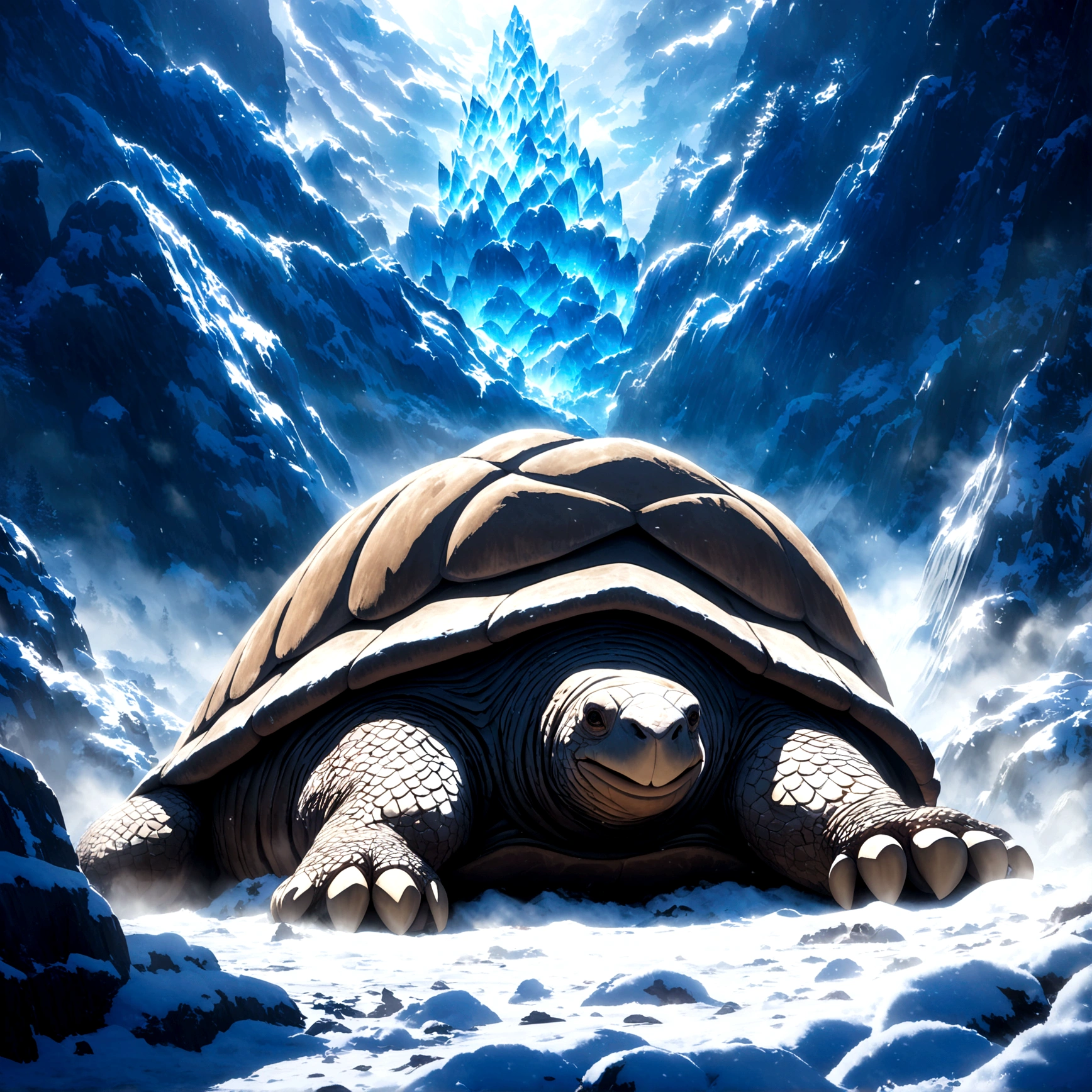 Giant tortoise, ice blue scales, snow white shell, blizzard scenery, "One Piece-inspired anime features, drenched in dramatic and stunning lighting, dramatic lighting, infused with creative details, ultra-fine 2D design, scenery bathed in creativity, bathed in creativity, boasting HD anime resolution clarity, HD anime graphics, high-octane rendering"