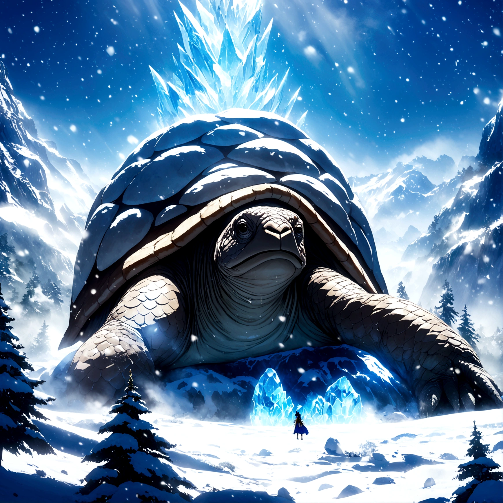 Giant tortoise, ice blue scales, snow white shell, blizzard scenery, "One Piece-inspired anime features, drenched in dramatic and stunning lighting, dramatic lighting, infused with creative details, ultra-fine 2D design, scenery bathed in creativity, bathed in creativity, boasting HD anime resolution clarity, HD anime graphics, high-octane rendering"