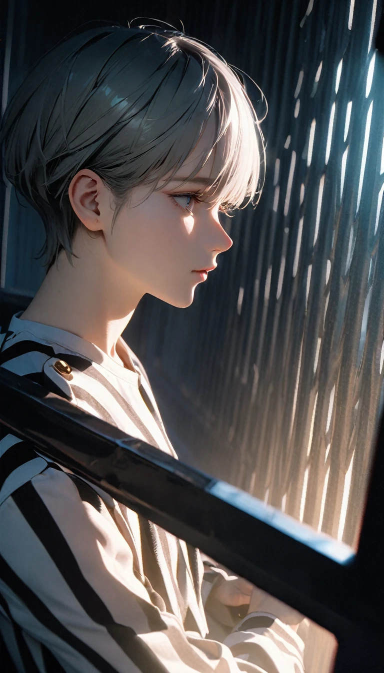 (8K, RAW photos, best quality, masterpiece: 1.4), (((The boy breathed a sigh of relief)))，Ultra-high resolution, Extremely detailed, Dim Lights, Upper body close-up, handsome boy, black eyes, (delicate eyes, Eyes are bright:1.2), Gray short hair, Fair skin,dark, Black and white striped prison uniform,Black and white striped prison pants,(perfect anatomy:1.2), High-quality shadows, Natural Lighting, (White highlights:1.2), night, cloudy day, (Dimly lit cells:1.2), (Metal walls all around:1.2)