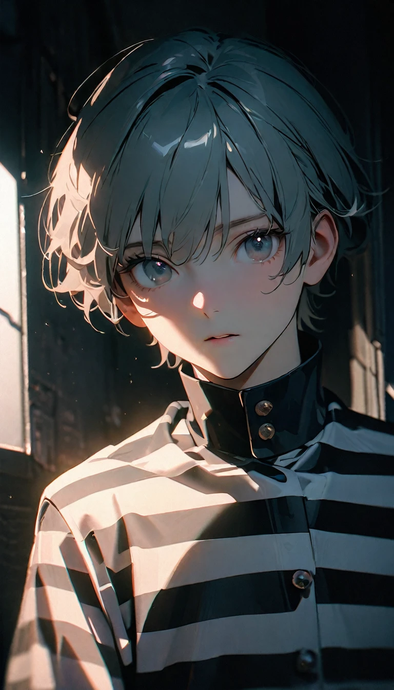 (8K, RAW photos, best quality, masterpiece: 1.4), (((The boy breathed a sigh of relief))),Ultra-high resolution, Extremely detailed, Dim Lights, Upper body close-up, handsome boy, black eyes, (delicate eyes, Eyes are bright:1.2), Gray short hair, Fair skin,dark, Black and white striped prison uniform,Black and white striped prison pants,(perfect anatomy:1.2), High-quality shadows, Natural Lighting, (White highlights:1.2), night, cloudy day, (Dimly lit cells:1.2), (Metal walls all around:1.2)