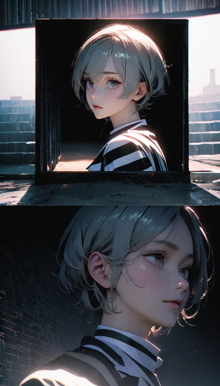 (8K, RAW photos, best quality, masterpiece: 1.4), (((The boy breathed a sigh of relief))),Ultra-high resolution, Extremely detailed, Dim Lights, Upper body close-up, handsome boy, black eyes, (delicate eyes, Eyes are bright:1.2), Gray short hair, Fair skin,dark, Black and white striped prison uniform,Black and white striped prison pants,(perfect anatomy:1.2), High-quality shadows, Natural Lighting, (White highlights:1.2), night, cloudy day, (Dimly lit cells:1.2), (Metal walls all around:1.2)