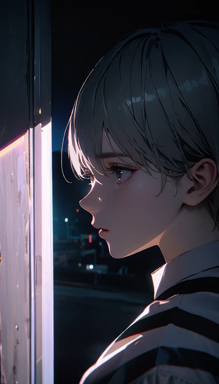 (8K, RAW photos, best quality, masterpiece: 1.4), (((The boy breathed a sigh of relief))),Ultra-high resolution, Extremely detailed, Dim Lights, Upper body close-up, handsome boy, black eyes, (delicate eyes, Eyes are bright:1.2), Gray short hair, Fair skin,dark, Black and white striped prison uniform,Black and white striped prison pants,(perfect anatomy:1.2), High-quality shadows, Natural Lighting, (White highlights:1.2), night, cloudy day, (Dimly lit cells:1.2), (Metal walls all around:1.2)