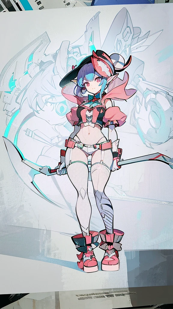 Doll-like mecha. Joker hat. 2d. Holding a more elaborate scythe. elf ears