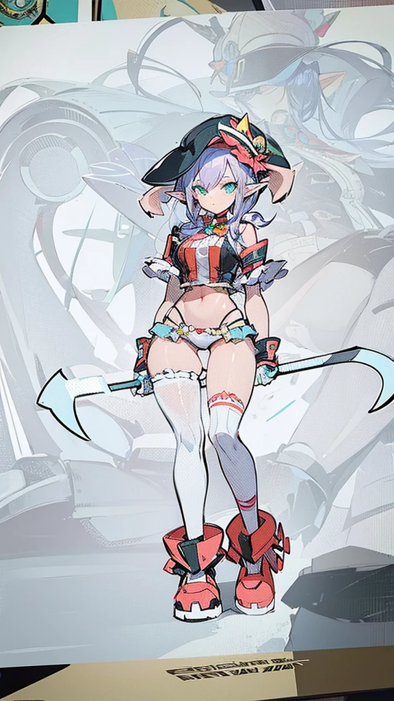 Doll-like mecha. Joker hat. 2d. Holding a more elaborate scythe. elf ears