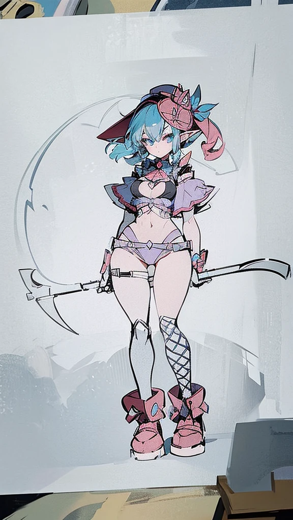 Doll-like mecha. Joker hat. 2d. Holding a more elaborate scythe. elf ears