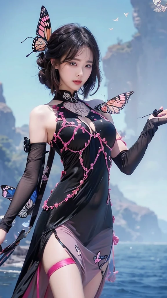 beautiful woman with big breasts wearing a black dress with a butterfly pattern in pink