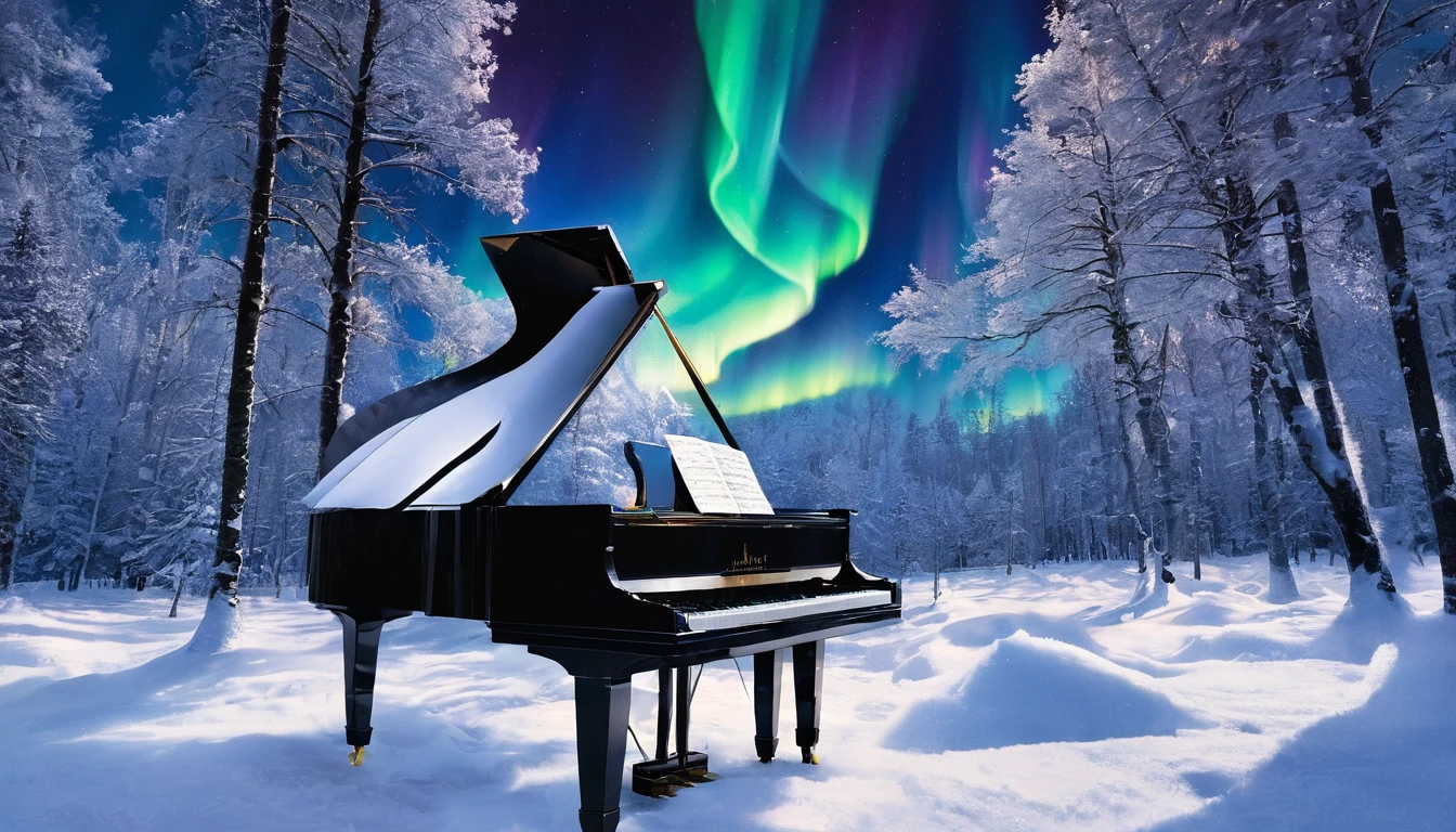 A mysterious and enchanting scene with a single piano under a sky full of aurora borealis. ((A beautiful woman is standing in front of the piano.)) The surrounding area is completely covered with snow and surrounded by silence. The piano is lit up and looks even more divine.
