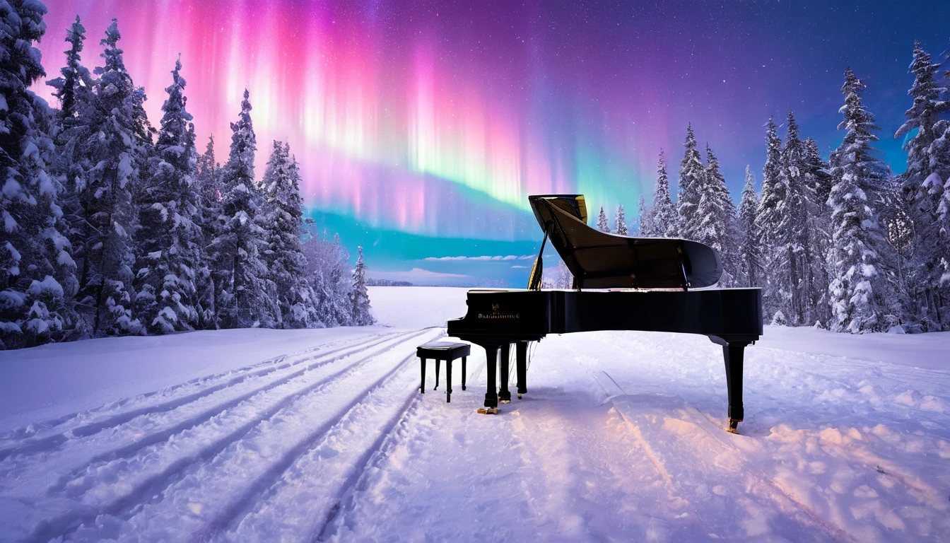 A mysterious and enchanting scene with a single piano under a sky full of aurora borealis. ((A beautiful woman is standing in front of the piano.)) The surrounding area is completely covered with snow and surrounded by silence. The piano is lit up and looks even more divine.
