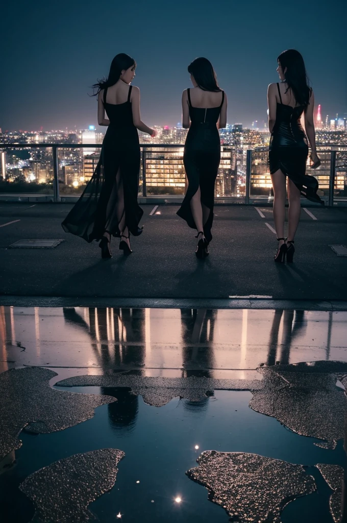 Three pretty, beautiful women in sexy black clothing are walking backwards, disappearing into a beautiful landscape. The scene is melancholic and introspective, with long shots and fade-outs creating a sense of closure. The background is a starry and moonlit cityscape at night.