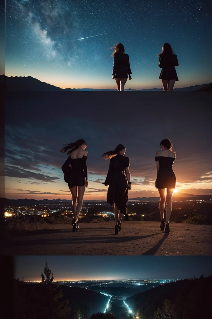 Three pretty, beautiful women in sexy black clothing are walking backwards, disappearing into a beautiful landscape. The scene is melancholic and introspective, with long shots and fade-outs creating a sense of closure. The background is a starry and moonlit cityscape at night.