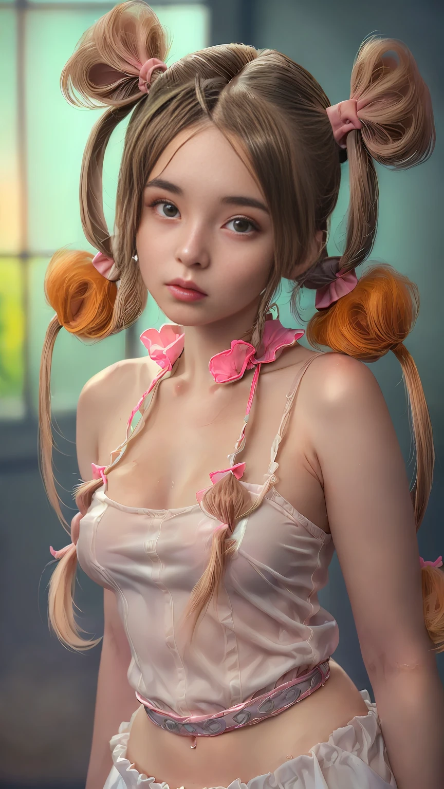 (A beautiful young woman with twin pigtails hairstyle:1.5), modern clothing, animated style, pretty orange priest anime costume, detailed face, pretty eyes, cute expression, soft lighting, Detailed representation, vibrant colors, Fancy, capricious, Very detailed, 8k, photorealistic