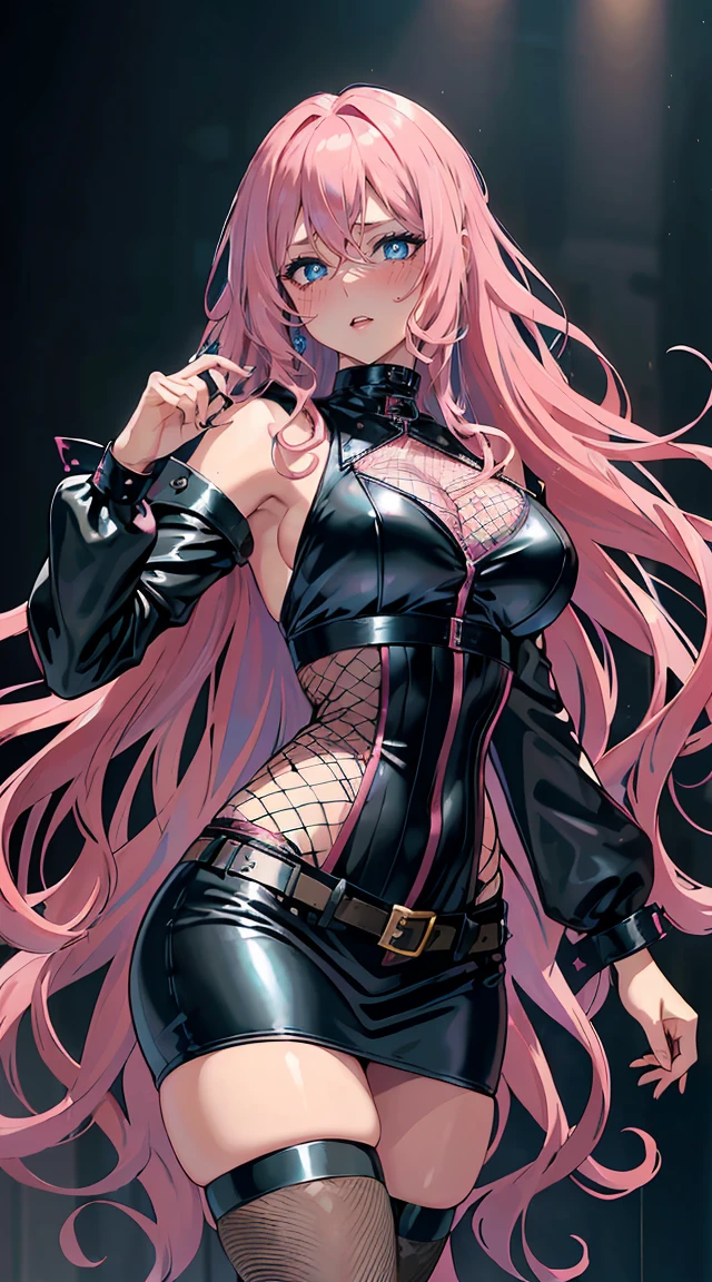 handsome WOMAN，blue-eyes，blue pupils，Long pink hair，Hyperresolution，accuracy，Detailed rendering，（Subtle facial image）（Image of fine hair）（topquality）（Masterpieces of masters）（High degree of completeness）（A sense of atmosphere）tmasterpiece，Super detailed and super detailed（half-body portrait), long wavy pink hair, (((tHICK WAVY HAIR)))(((ANKLE LENGTH HAIR)))(((Blushing)))(((Huge breasts)))(((LARGER BREASTS))) large breasts, bigger breasts (((Bigger breasts))) (((Blushing))) (((Sakimichan))) (((Pink hair))) (((black Rockstar outfit))) (((Leather black outfit))) (((Rockstar)))(((Fishnet tights)))(((cASUAL ROCK OUTFIT))) (((gRUNGE OUTFIT))) (((rOCK MAKEUP))) (((sINGING))) (((bLACK LEATHER OUTFIT))) (((bLACK EYELINER)))(((Fierce expression))) (((Focused))) 