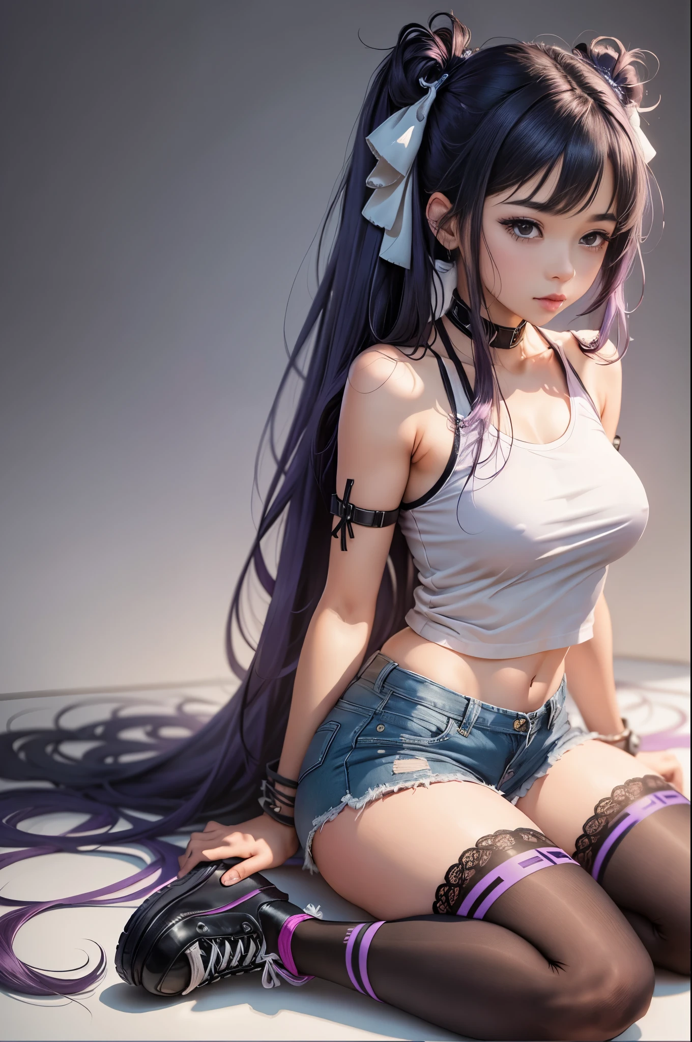 1girl, solo, long hair, breasts, looking at viewer, simple background, shirt, black hair, thighhighs, twintails, sitting, very long hair, purple eyes, full body, white shirt, purple hair, boots, shorts, sleeveless, grey background, black footwear, short shorts, cross-laced footwear, lace-up boots, pink thighhighs, pink shorts
