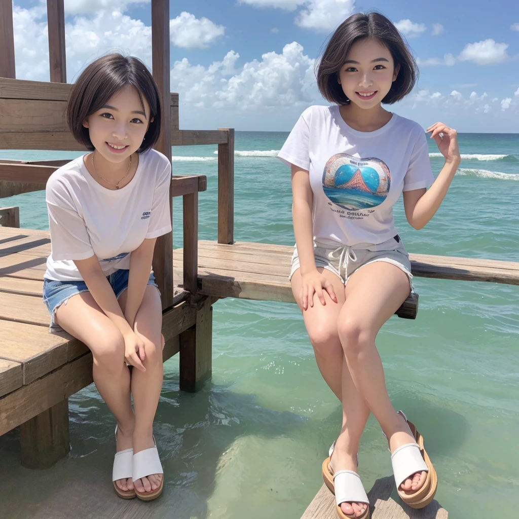 ((Highest quality))、((masterpiece))、(be familiar with)、1 person、Perfect Face、Japanese women、Big eyes and round face、Big smile、Short Hair、(Large breasts)、White T-shirt、Shorts、whole body、Platform Sandals、Ocean