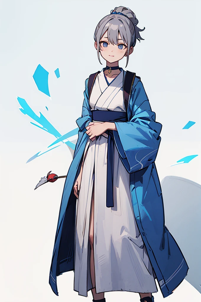 Blue Yukata、Gray Hair、Mischievous face、Choker on neck、Big earrings、Arms crossed、Only the mouth is smiling、Straw sandals、Choker on right leg(whole body、Are standing、、White background)