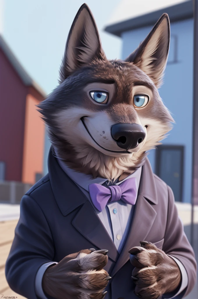Larry (Zootopia), wolf, Gray Fur, (brown body:1.3), beautiful blue eyes, Zootopia, dressed,blazer,pink blue shirt,trousers,white bowtie, canine,wolf, detailed fur, male, second, paw pads, finger claws,wears a bow tie, Games,At the viewer, 5 fingers, paws, 4 toes,
BREAK from nextel, for dating, by xenoforge, (difficult, high detail,digital photography, soft focus, RAW, close to the camera, smile, positive, Good, mood, Houses, looks at the viewer, очень close to the camera, Photorealism, realistic, photorealistic,digital style, Subsurface scattering,очень close to the camera
шедевр, Best quality, ultra realistic, 8 thousand.)