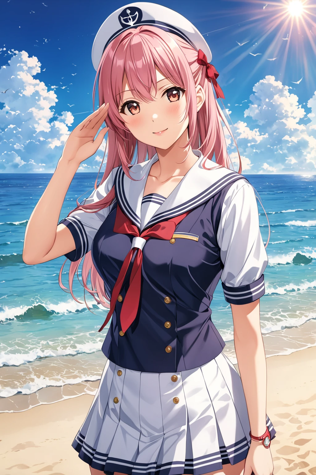 (Ultra-detailed illustrations:1.2),salute,Anime Girls in sailor outfit standing on beach with sun shining, Kantai Collection Style, Cute girl anime visuals, Beautiful anime school girl, junko enoshima, Smooth anime CG art, maAlso kitagawa fanart, Official Artwork, attractive Anime Girls, (Anime Girls), Also, Official Art, Fine details. Girls&#39; Frontline, Anime Best Girl, portrait Anime Girls