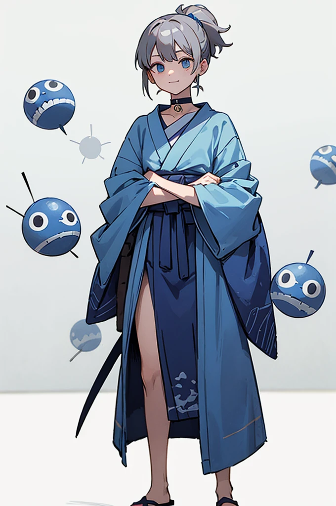 Blue Yukata、Gray Hair、Mischievous face、Choker on neck、Big earrings、Arms crossed、Only the mouth is smiling、Straw sandals、Choker on right leg(whole body、Are standing、、White background)