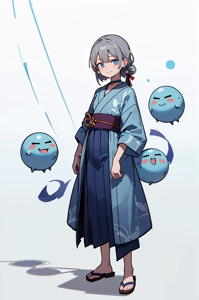 Blue Yukata、Gray Hair、Mischievous face、Choker on neck、Big earrings、Arms crossed、Only the mouth is smiling、Straw sandals、Choker on right leg(whole body、Are standing、、White background)