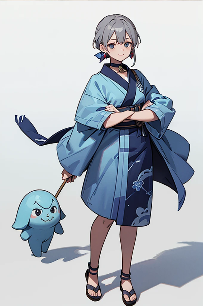 Blue Yukata、Gray Hair、Mischievous face、Choker on neck、Big earrings、Arms crossed、Only the mouth is smiling、Straw sandals、Choker on right leg(whole body、Are standing、、White background)