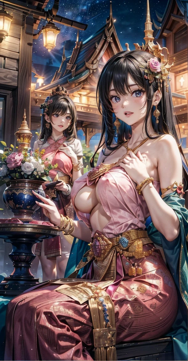 Group of 5 princesses,(5 young women,many young women), (in the bedroom), Various hair styles, harem, Wearing a strapless Thai dress.., at night, detailed face, chestใหญ่, short skirt, mule, Sleeveless , Show your armpits, at night, starry at night, (((2 young women))),chestใหญ่,โชว์chest,The crevice is clear.,((big tits)), (((chestที่มองเห็นได้, โชว์chestของคุณ, เปิดchest,Show your nipples))),(((chest,bare breast:1.37))), I see bulging nipples,(((large areolae:1.4,pink,))),(ชุดแตกแยกShow your nipples:1.4)