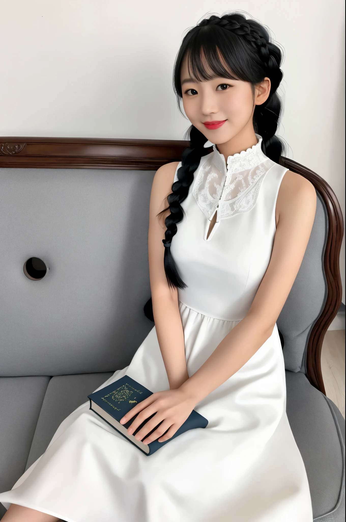 1girl, solo, long hair, looking at viewer, smile, bangs, black hair, dress, holding, sitting, braid, sleeveless, indoors, white dress, twin braids, book, sleeveless dress, animal, cat, couch, holding book, realistic, book stack, on lap