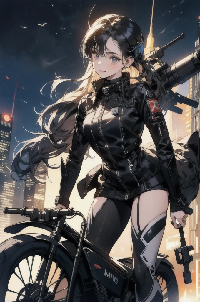 Best image quality, Excellent details, Ultra-high resolution, (Faithfulness: 1.4), Best illustrations, Favorite Details, Very condensed one girl, Delicate and beautiful features, Wearing a black and white mech, Wearing a mecha helmet, Hold the directional controller, Riding on motorcycle, The background is a futuristic city high tech lighting scene.