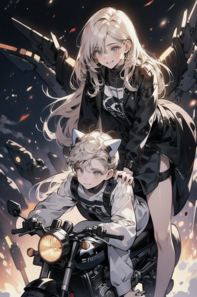 Best image quality, Excellent details, Ultra-high resolution, (Faithfulness: 1.4), Best illustrations, Favorite Details, Very condensed one girl, Delicate and beautiful features, Wearing a black and white mech, Wearing a mecha helmet, Hold the directional controller, Riding on motorcycle, The background is a futuristic city high tech lighting scene.