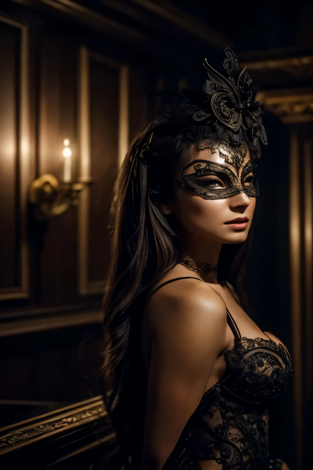 Create a full-body photo of a semi-nude woman at a secret masquerade party. She is wearing an intricate Venetian mask and an elaborate costume. Focus on her elegant appearance, highlighting her beautiful detailed eyes, and lips. Ensure the face and features are extremely detailed, with an intricate mask design. The scene should be set inside a bar with a modern interior and red lighting, creating a moody and mysterious atmosphere. Use dramatic chiaroscuro lighting with rich shadows to enhance the cinematic quality. The lighting should be dim to emphasize the enigmatic feel. Ensure the image is of the highest quality, with 4k, 8k, high resolution, and a masterpiece level of detail. The style should be ultra-detailed, realistic, and photorealistic, with a rich color palette that is elegant, refined, and captivating. No cold mask or mouth mask should be included.