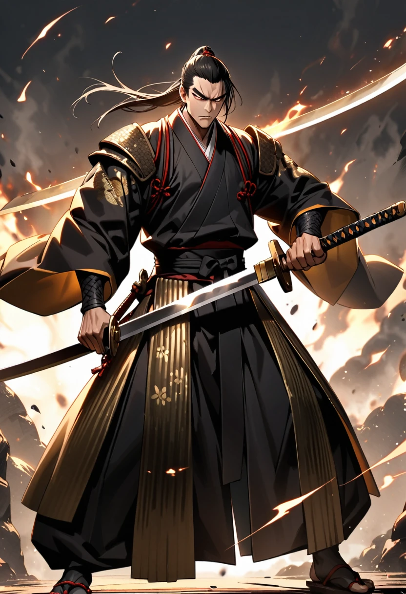 japanese man, swordsmanship, blackquality hair, bonitas, intimidating appearance, all black oriental clothes, holding a golden katana.