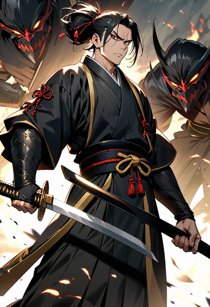 japanese man, swordsmanship, blackquality hair, bonitas, intimidating appearance, all black oriental clothes, holding a golden katana.