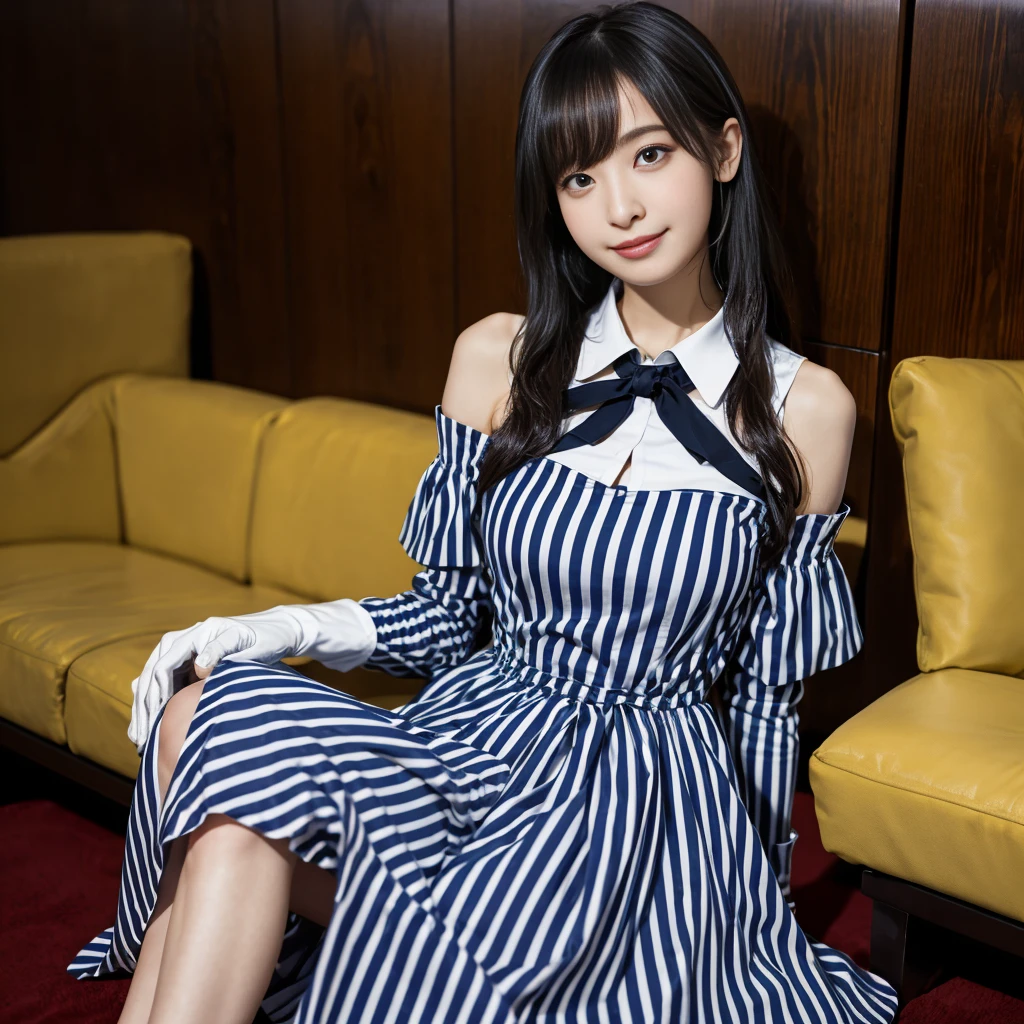 Tabletop, Highest quality,, Karen Chan (umamusume), smile, Sitting,, Vertical striped dress, Bare shoulders, Off the shoulder, Mouth closed, Long sleeve, Collared dress, gloves, with own hands, Hand on chin,, Upper Body,,