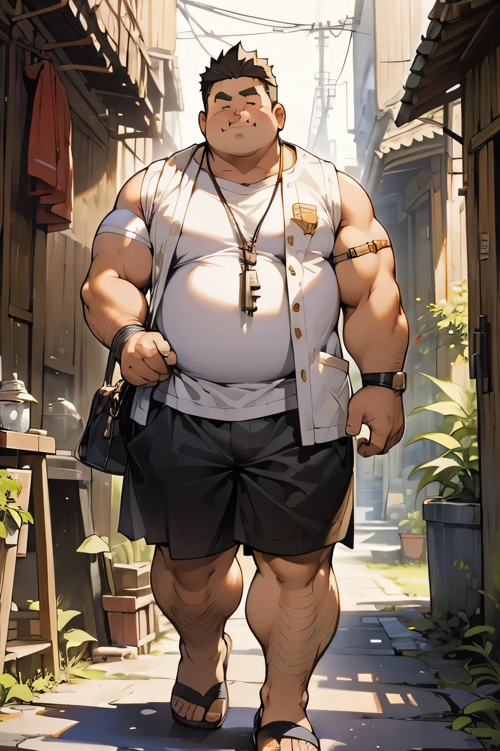 Holding many keys，overweight，Uncle，slippers，white sleeveless vest，Black shorts，Standing in front of the door，modern style，Behind is the villa，