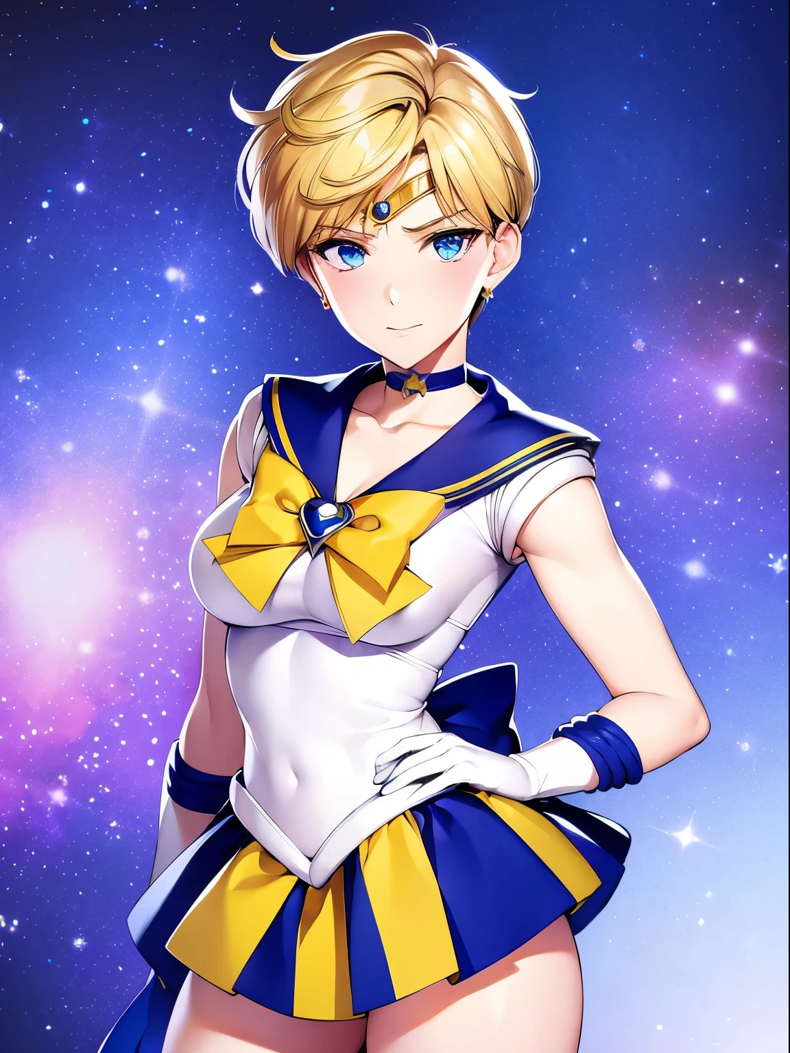 sailor uranus, 1 girl, blonde hair, short hair, blue eyes, detailed eyes, simple background, female focus, alone, Standing, Haruka Teno, portrait, full body, (Masterpiece:1.0), (best quality:1.0) , (wallpaper 8k:1.0), (detailed beautiful face:1.0), (detailed deep eyes), deep eyes, looking at viewer, sailor scout, yellow bow on chest, blue skirt, white gloves,