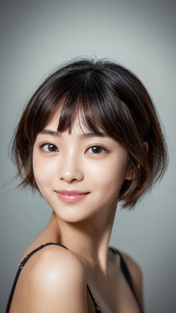 (1girl), ponytail, Extremely cute face, Amazing face and eyes, (Highly detailed eyes, Highly detailed face), fresh, Very clean appearance, (Hyper-realistic, hight resolution), (Best Quality:1.4), (hyper quality), Authentic skin texture, Raw photo, (Realistic, Photorealsitic:1.37), highly detailed, girl portrait, Japanese beautiful girl, the most beautiful girl in the world, short hair, LOL,smile