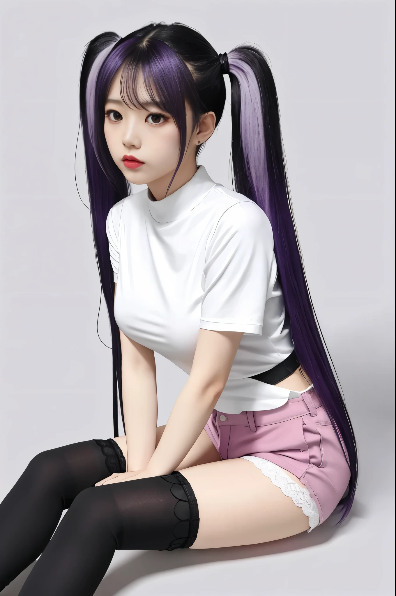 1girl, solo, long hair, breasts, looking at viewer, simple background, shirt, black hair, thighhighs, twintails, sitting, very long hair, purple eyes, full body, white shirt, purple hair, boots, shorts, sleeveless, grey background, black footwear, short shorts, cross-laced footwear, lace-up boots, pink thighhighs, pink shorts