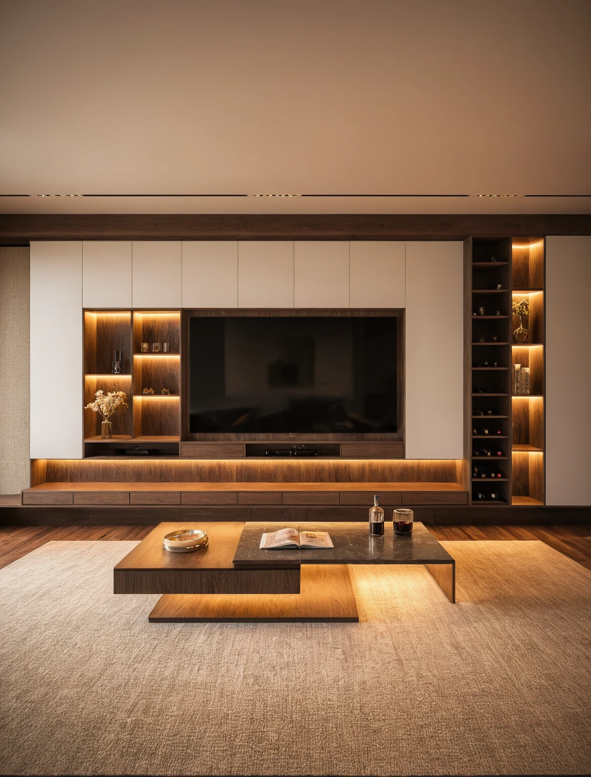 Raw photo,Masterpiece, high quality, best quality, authentic, super detail, interior , sunset, daylight, Modern luxury style living room, TV cabinet, TV, decorative cabinet, books, flower vases, bottles, tea table, tray, wine bottle, open book, carpet, wooden floor