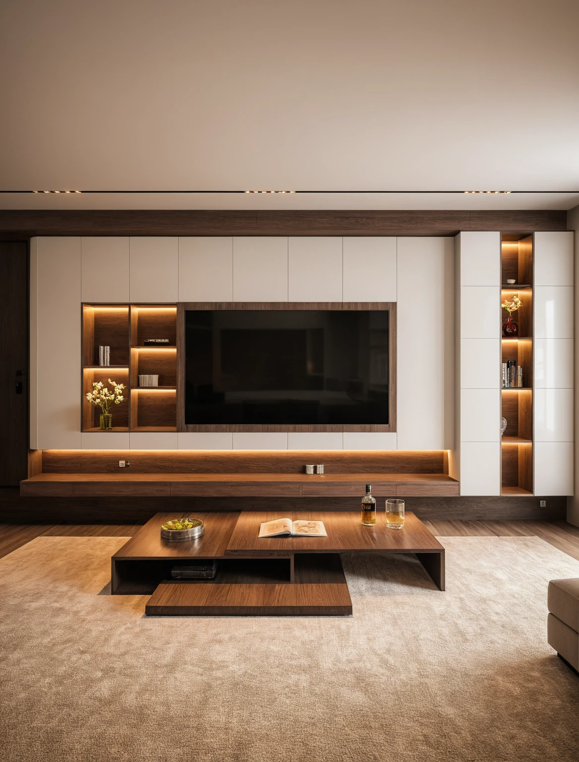 Raw photo,Masterpiece, high quality, best quality, authentic, super detail, interior , sunset, daylight, Modern luxury style living room, TV cabinet, TV, decorative cabinet, books, flower vases, bottles, tea table, tray, wine bottle, open book, carpet, wooden floor