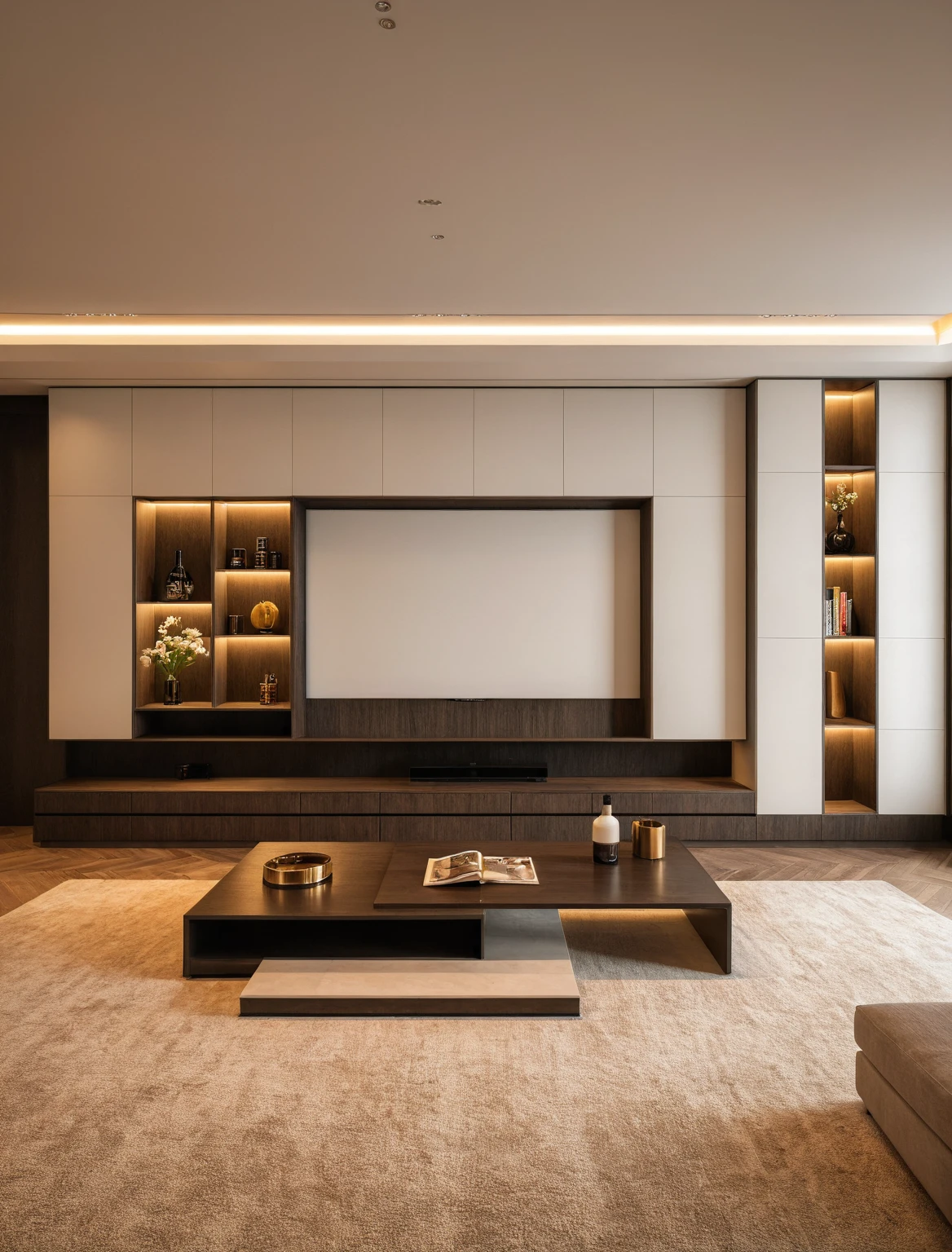 Raw photo,Masterpiece, high quality, best quality, authentic, super detail, interior , sunset, daylight, Modern luxury style living room, TV cabinet, TV, decorative cabinet, books, flower vases, bottles, tea table, tray, wine bottle, open book, carpet, wooden floor