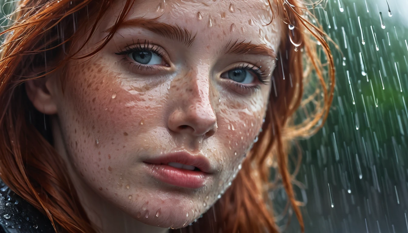 portrait photography, dutch angle shot, a stunning redhead woman's face with freckles covered in raindrops, raindroplets on her face, under rain, rainpunk, close up, Phantom High Speed camera, urban emotions, uhd image, moody, detailed facial features, realistic_skin, natural_skin --ar 16:9 --style raw --v 5.2