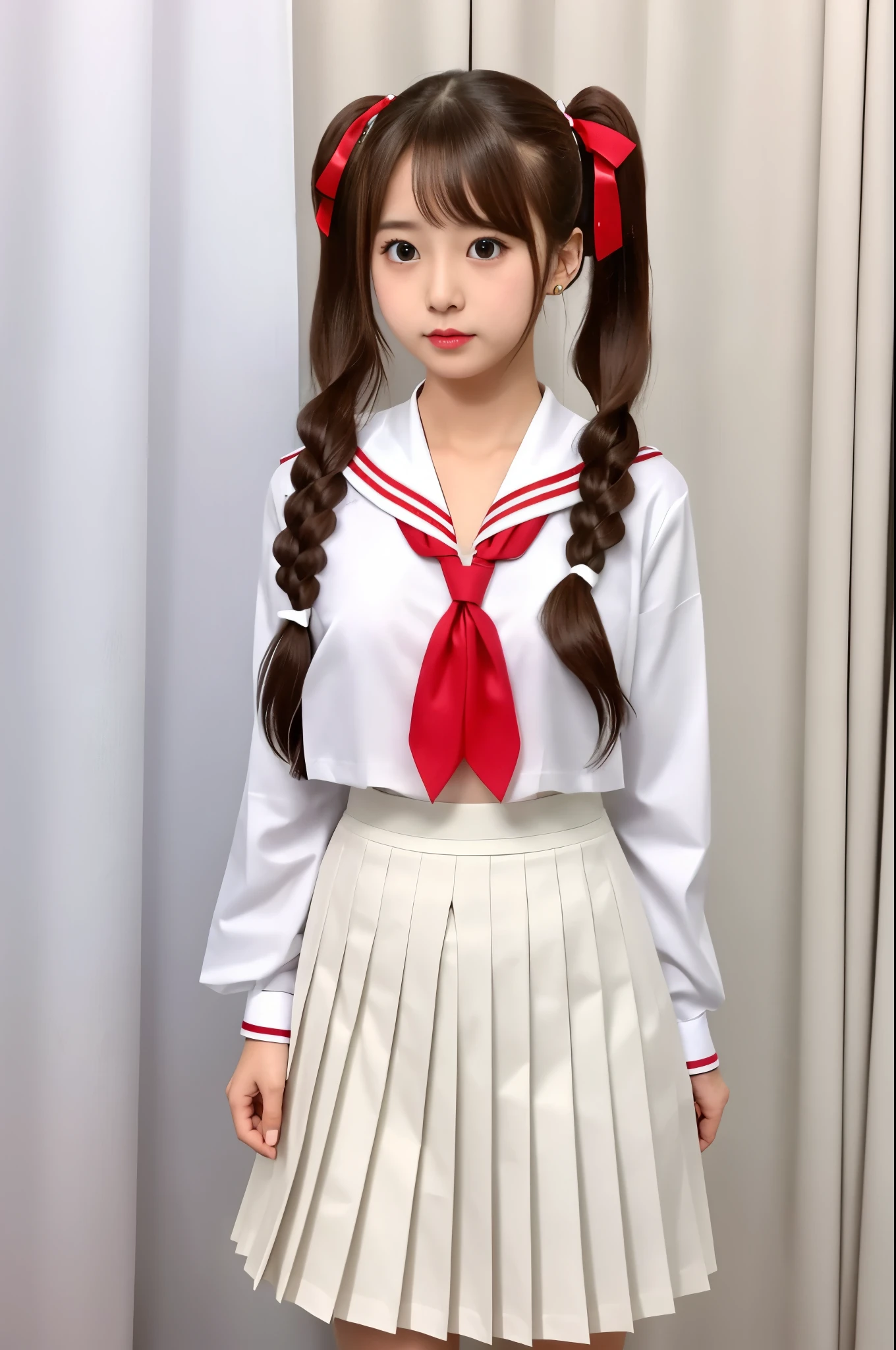 1girl, solo, long hair, skirt, brown hair, shirt, long sleeves, ribbon, holding, twintails, brown eyes, school uniform, hair ribbon, white shirt, pleated skirt, serafuku, sailor collar, bag, neckerchief, petals, white skirt, curtains, red neckerchief, holding bag, white serafuku